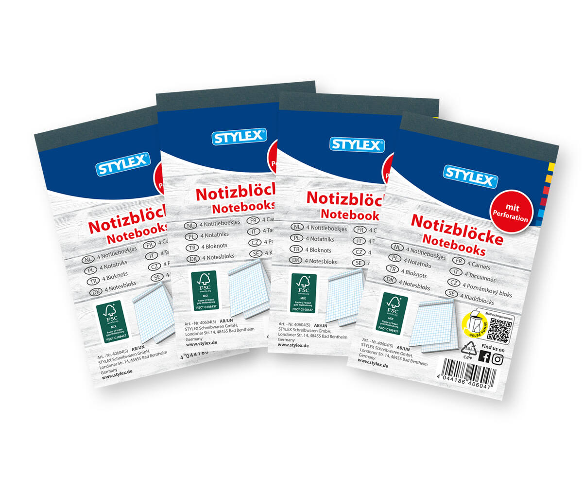 Notizblock Notizblock, DIN A7, kariert, 4 Stück (40604), STYLEX | Büro - Stylex