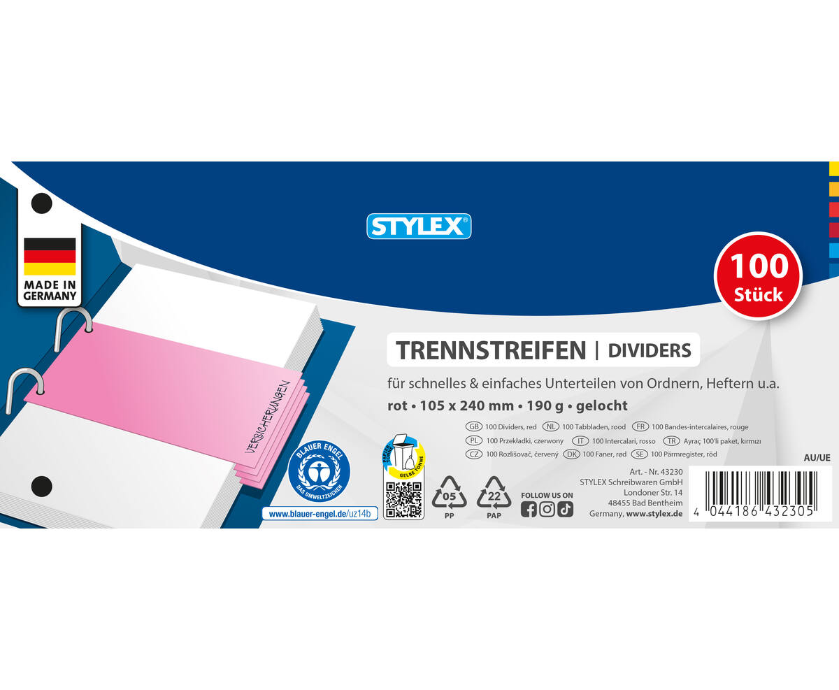 Trennstreifen, Rot, 100er Packung (43230), STYLEX | Büro - Stylex