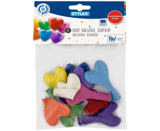 10 heart-balloons, colourful