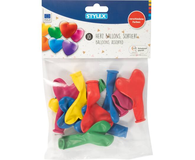 10 heart balloons, colourful