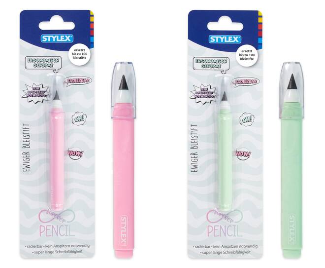 Ewiger Bleistift, auf Blisterkarte, 3 x mint und 3 x pink sortiert