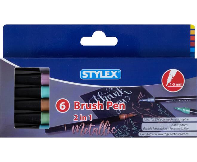 Double brush pens, 6 pcs, metallic
