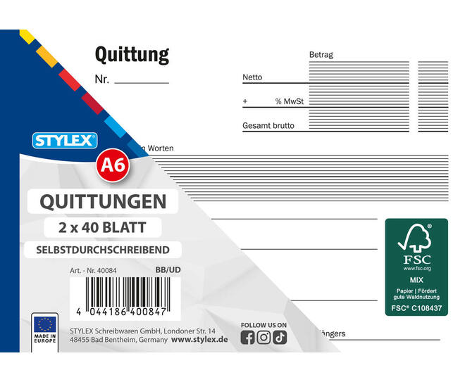 Receipts, DIN A6, 2 x 40 sheets