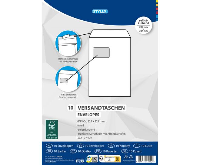 Envelopes, DIN C4, with window