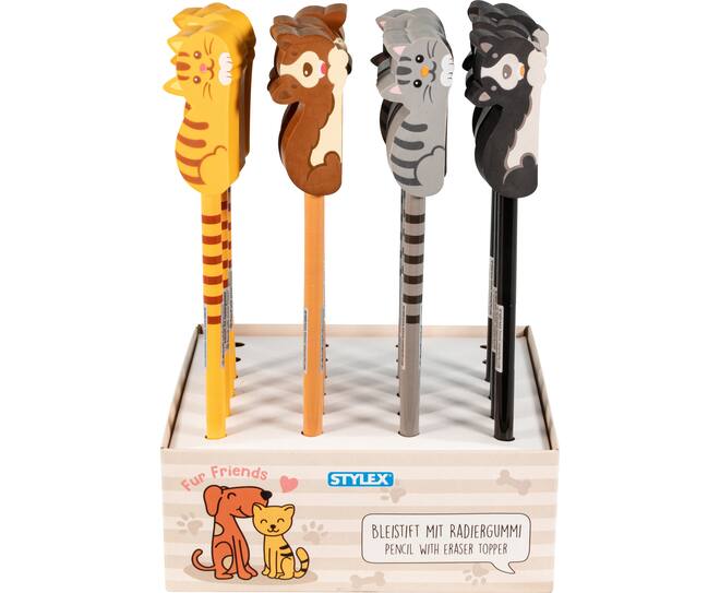 Bleistift mit Radiergummi-Topper, Hund und Katze