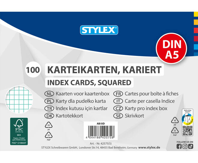 Index cards, squared,  A5, 100 sheets, FSC