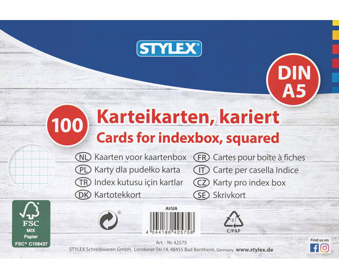 Index cards, squared,  A5, 100 sheets, FSC