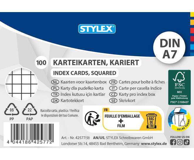 Karteikarten, DIN A7, kariert, 100 Stück, FSC