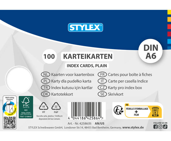 Karteikarten, DIN A6, blanko, weiß, 100 Stück