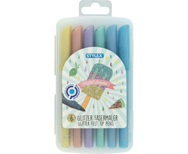 6 glitter felt tip pens, pastel