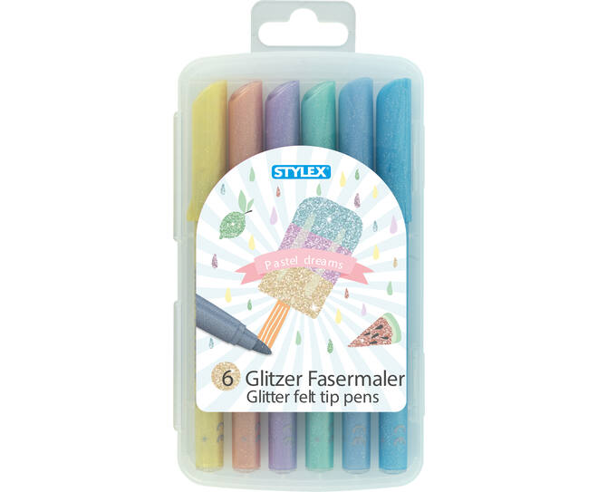 6 glitter felt tip pens, pastel