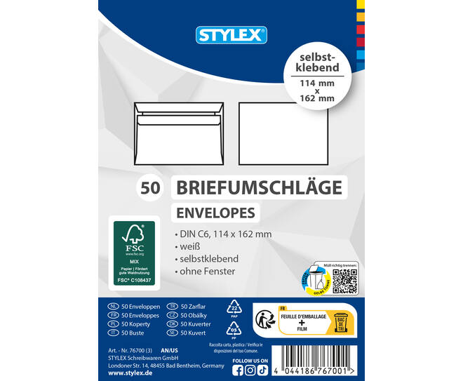 Envelopes, DIN C6, without window, self adhesive, 50 pieces, FSC