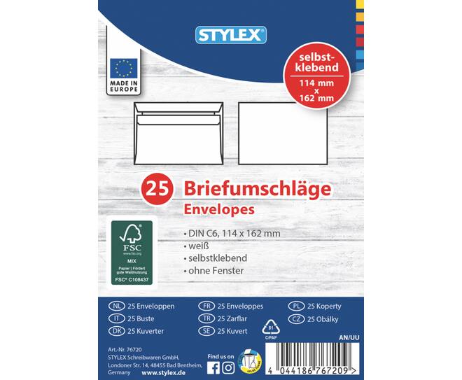 Envelopes, DIN C6, without window, self adhesive, FSC