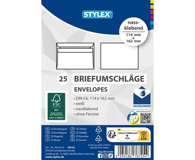 Envelopes, DIN C6, without window, gummed, FSC